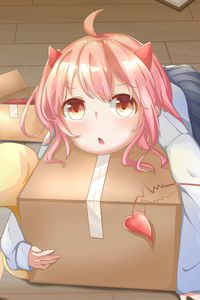 Preview wallpaper girl, horns, box, anime, art, cartoon