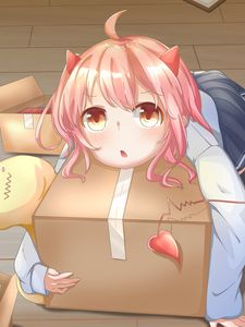 Preview wallpaper girl, horns, box, anime, art, cartoon