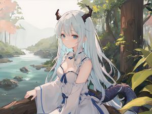 Preview wallpaper girl, horns, choker, dress, anime