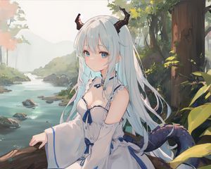 Preview wallpaper girl, horns, choker, dress, anime