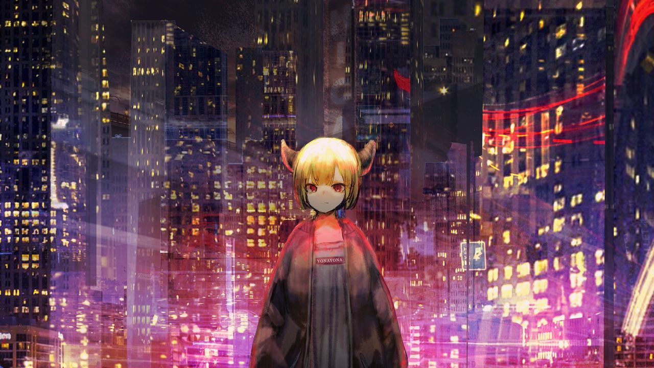 Wallpaper girl, horns, city, buildings, anime, art