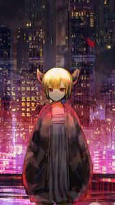 Preview wallpaper girl, horns, city, buildings, anime, art