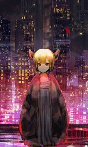 Preview wallpaper girl, horns, city, buildings, anime, art