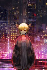 Preview wallpaper girl, horns, city, buildings, anime, art