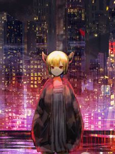 Preview wallpaper girl, horns, city, buildings, anime, art