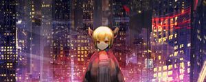 Preview wallpaper girl, horns, city, buildings, anime, art