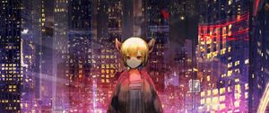 Preview wallpaper girl, horns, city, buildings, anime, art