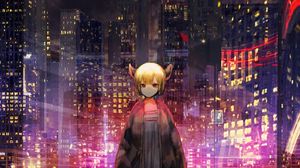 Preview wallpaper girl, horns, city, buildings, anime, art