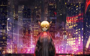 Preview wallpaper girl, horns, city, buildings, anime, art