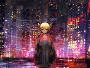 Preview wallpaper girl, horns, city, buildings, anime, art