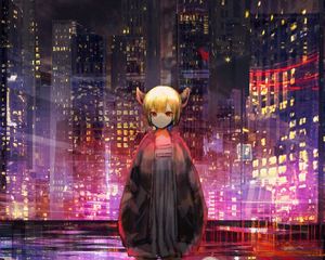 Preview wallpaper girl, horns, city, buildings, anime, art