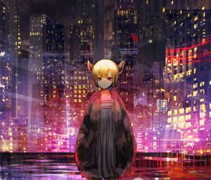 Preview wallpaper girl, horns, city, buildings, anime, art