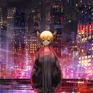 Preview wallpaper girl, horns, city, buildings, anime, art