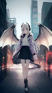 Preview wallpaper girl, horns, daemon, wings, anime