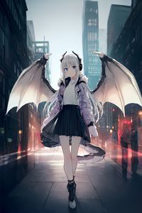 Preview wallpaper girl, horns, daemon, wings, anime