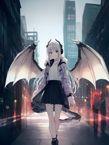 Preview wallpaper girl, horns, daemon, wings, anime