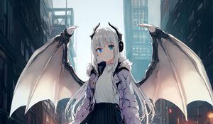 Preview wallpaper girl, horns, daemon, wings, anime