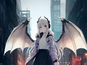 Preview wallpaper girl, horns, daemon, wings, anime