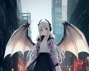 Preview wallpaper girl, horns, daemon, wings, anime