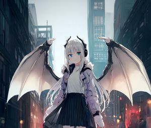 Preview wallpaper girl, horns, daemon, wings, anime