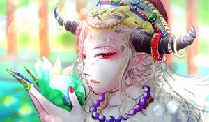 Preview wallpaper girl, horns, deity, anime, art