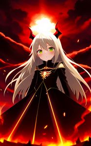 Preview wallpaper girl, horns, demon, flame, anime