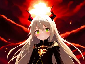 Preview wallpaper girl, horns, demon, flame, anime