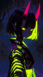 Preview wallpaper girl, horns, devil, bright, anime, art