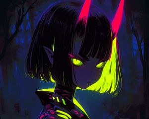 Preview wallpaper girl, horns, devil, bright, anime, art