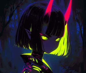 Preview wallpaper girl, horns, devil, bright, anime, art