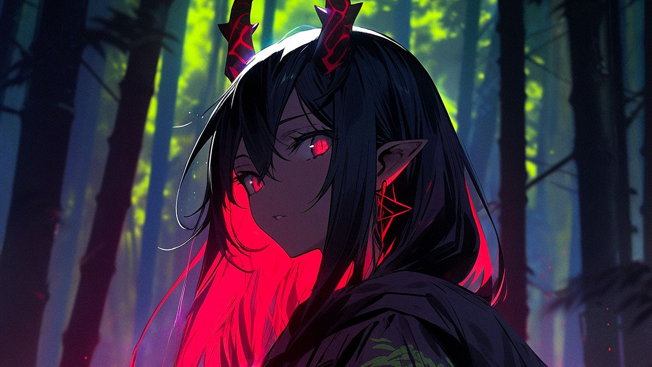 Wallpaper girl, horns, forest, anime, art