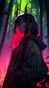 Preview wallpaper girl, horns, forest, anime, art