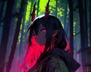 Preview wallpaper girl, horns, forest, anime, art