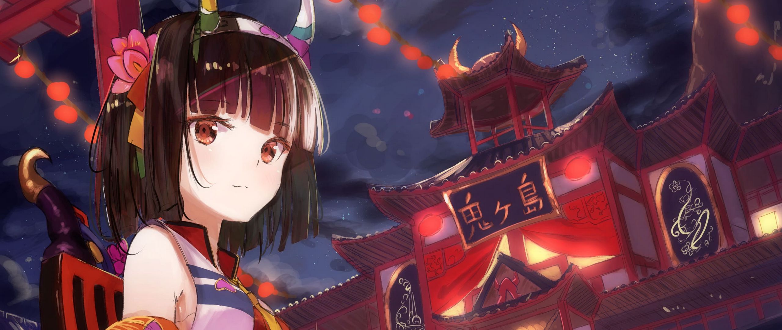 Download Wallpaper 2560x1080 Girl Horns Pheasant Bird Kimono Japan Anime Dual Wide 1080p Hd Background