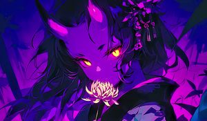 Preview wallpaper girl, horns, kimono, flower, art, anime