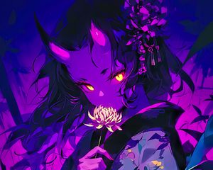 Preview wallpaper girl, horns, kimono, flower, art, anime