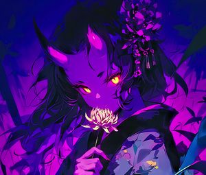 Preview wallpaper girl, horns, kimono, flower, art, anime