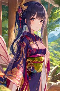 Preview wallpaper girl, horns, kimono, anime