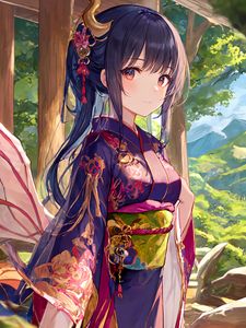 Preview wallpaper girl, horns, kimono, anime