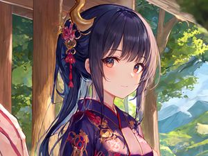 Preview wallpaper girl, horns, kimono, anime