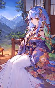 Preview wallpaper girl, horns, kimono, anime, window, mountains