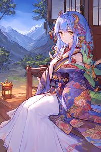 Preview wallpaper girl, horns, kimono, anime, window, mountains