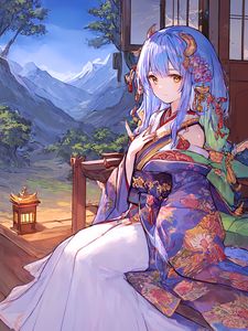 Preview wallpaper girl, horns, kimono, anime, window, mountains