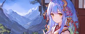 Preview wallpaper girl, horns, kimono, anime, window, mountains