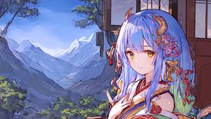 Preview wallpaper girl, horns, kimono, anime, window, mountains