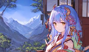 Preview wallpaper girl, horns, kimono, anime, window, mountains