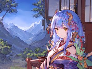 Preview wallpaper girl, horns, kimono, anime, window, mountains