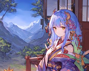 Preview wallpaper girl, horns, kimono, anime, window, mountains