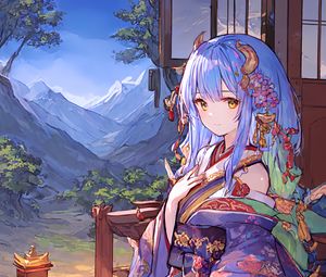 Preview wallpaper girl, horns, kimono, anime, window, mountains