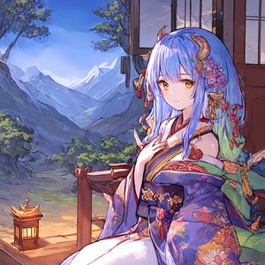 Preview wallpaper girl, horns, kimono, anime, window, mountains